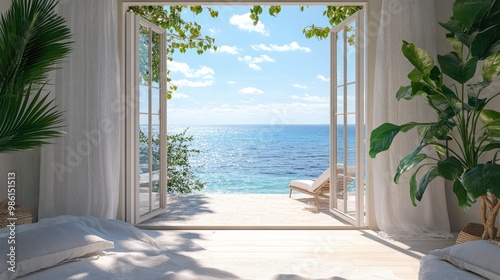 The open window of the villa offers a view of the sea. An idyllic picture of relaxation and tranquility. Generative AI