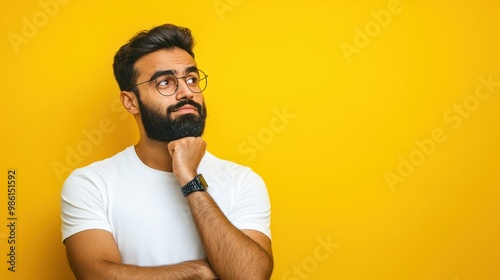 Thoughtful bearded indian man holding hand on chin looking interested aside at copy space isolated on yellow background thinking of new job opportunities, having doubt question or deciding concept photo