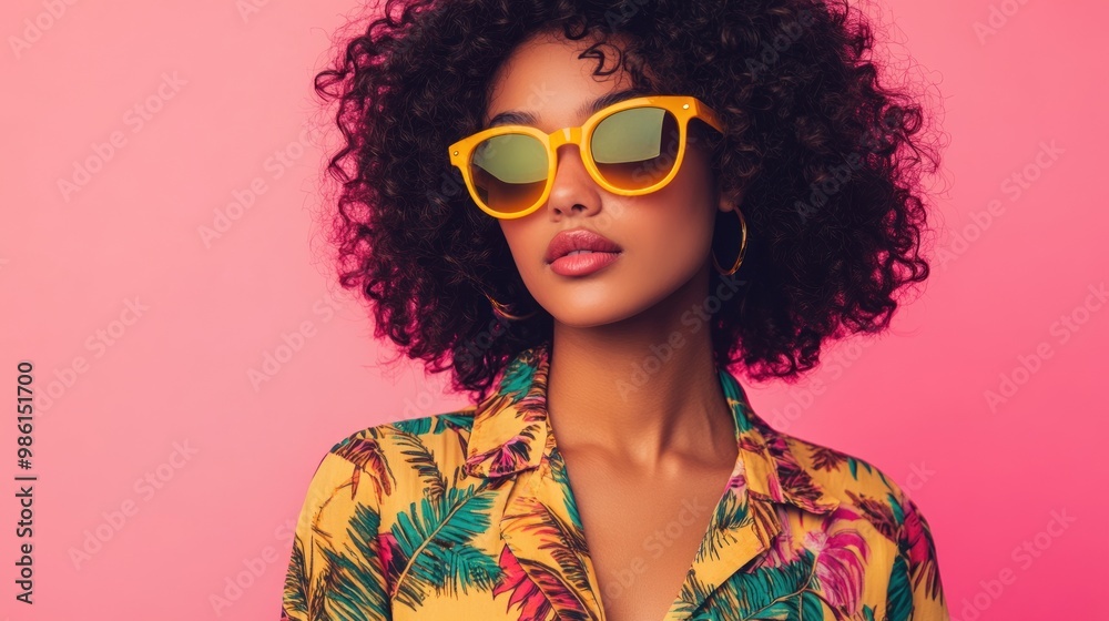 Young woman with afro hair wearing yellow sunglasses and a floral shirt against pink background. Young woman with afro hair wearing yellow sunglasses and a floral shirt against pink background.