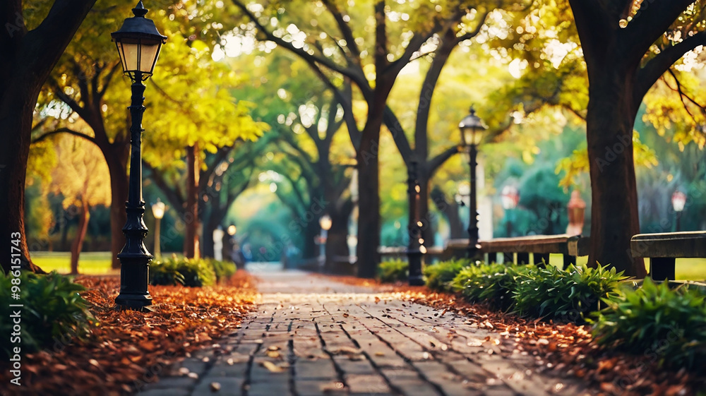 Naklejka premium Blurred bokeh of a path through a tranquil park