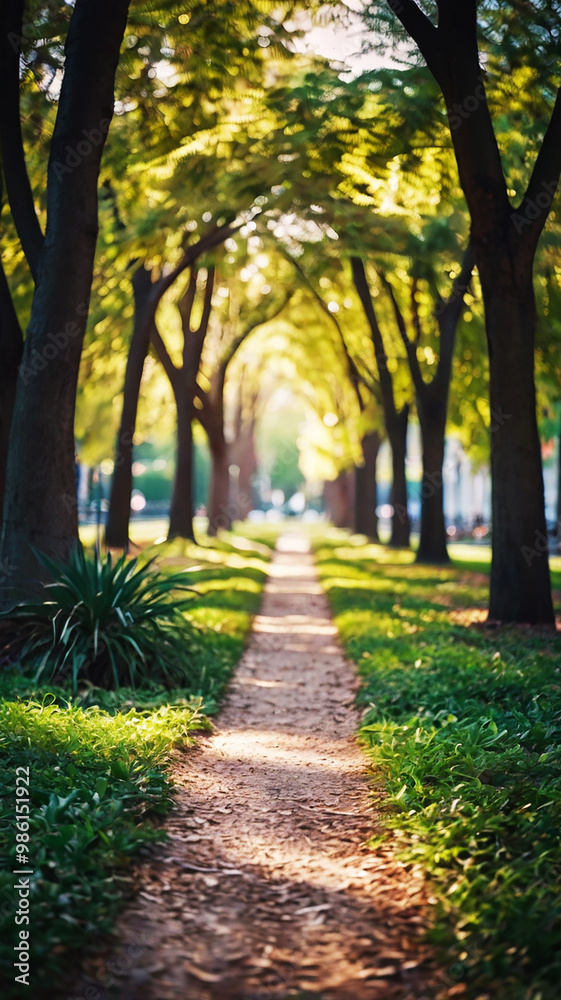 Obraz premium Blurred bokeh of a path through a tranquil park
