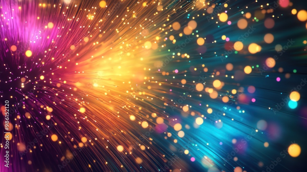Abstract blurred background with glowing lines and bokeh lights in pink, blue, and yellow colors. Abstract blurred background with glowing lines and bokeh lights in pink, blue, and yellow colors.