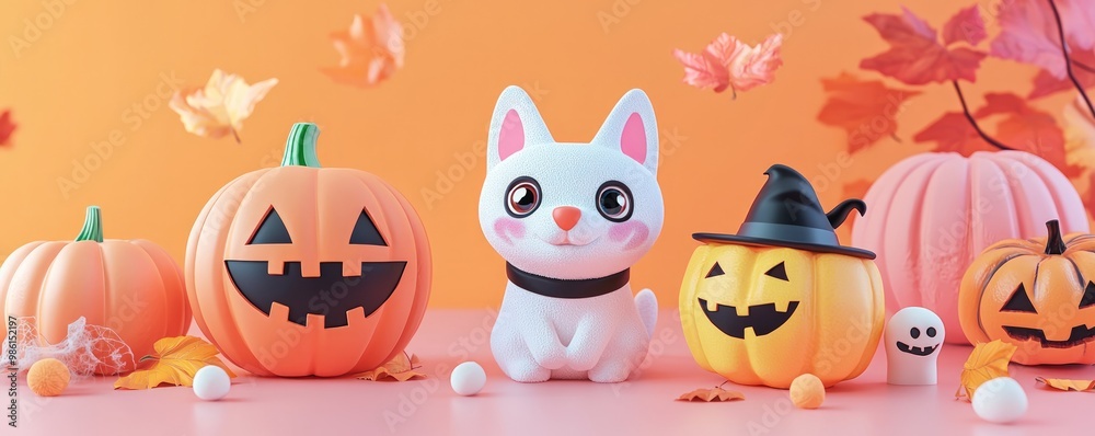 A cute white cat figurine surrounded by colorful jack-o'-lanterns, set against a soft orange backdrop, perfect for Halloween themes.
