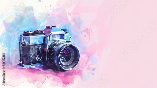 Vintage photo camera on watercolor background illustration