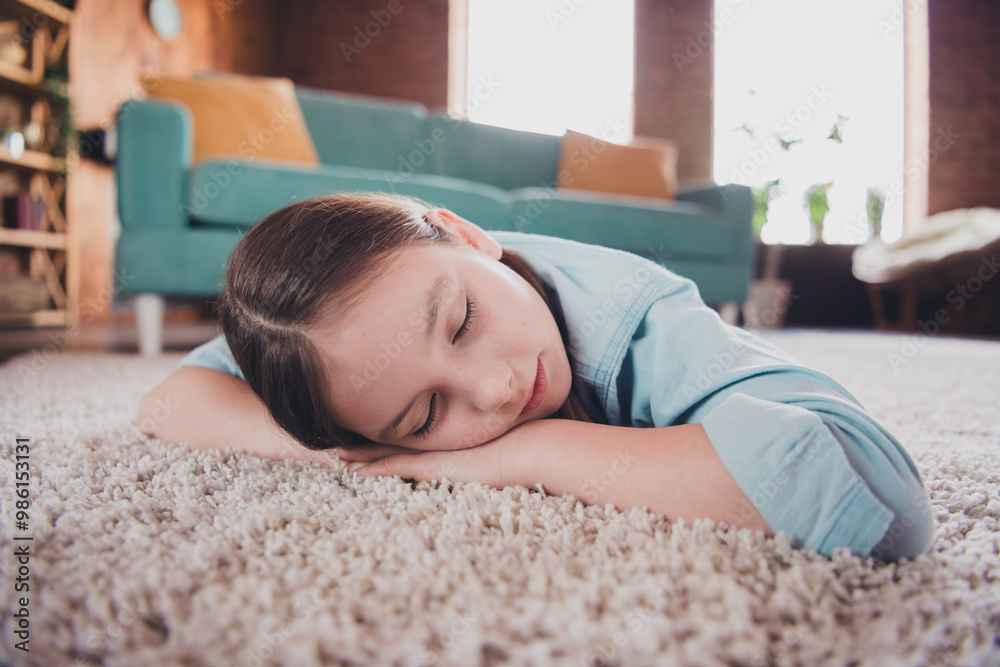 Portrait of cute little girl sleep comfy carpet floor wear shirt loft interior modern flat indoors Portrait of cute little girl sleep comfy carpet floor wear shirt loft interior modern flat indoors