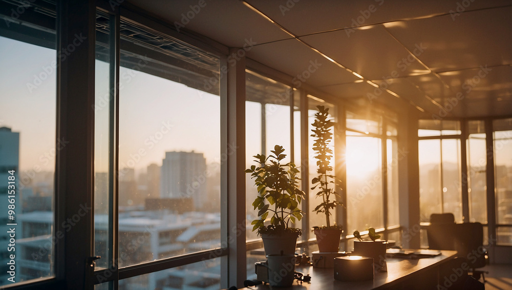Blurred bokeh of a sunrise breaking through the window of a tech startup office