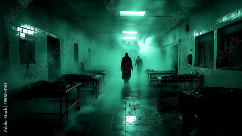 Hospital morgue, shadowy figures moving between tables, eerie green light, Halloween decorations, cinematic horror style