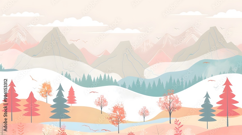 Fototapeta premium Minimalist Mountain Scene with Trees and Water – Vector