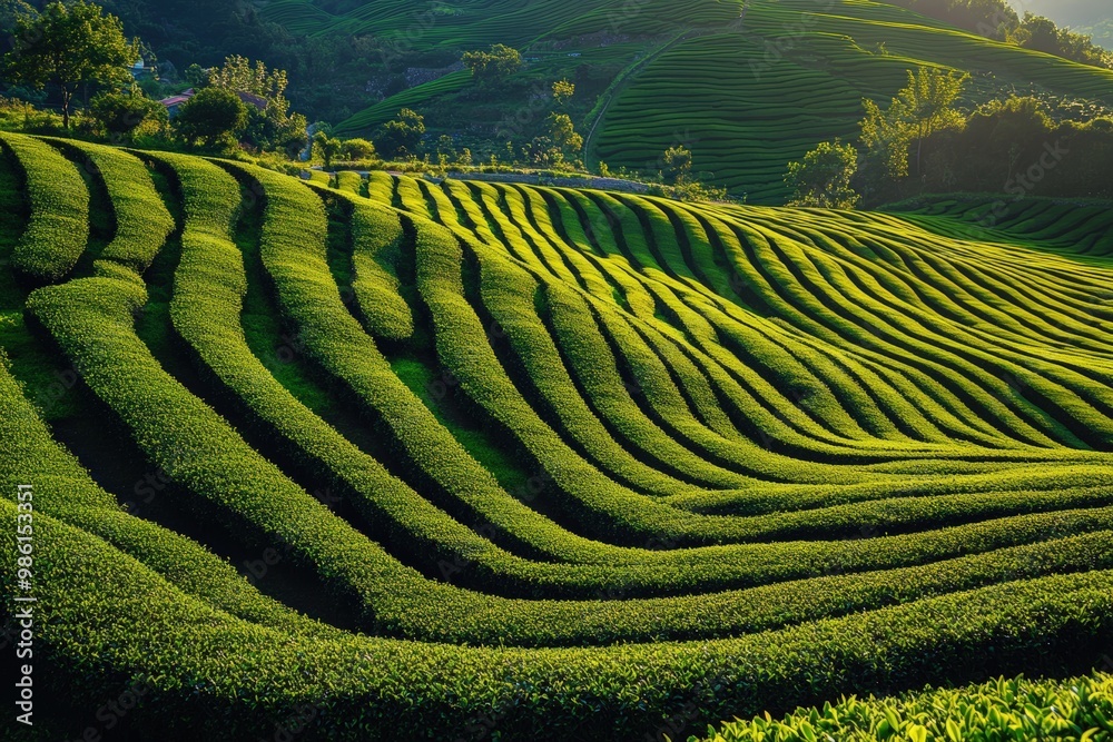 Fototapeta premium Expansive green field with flourishing plants under a clear, blue sky, photo-realistic landscape emphasizing vivid colors and details. Beautiful simple AI generated image