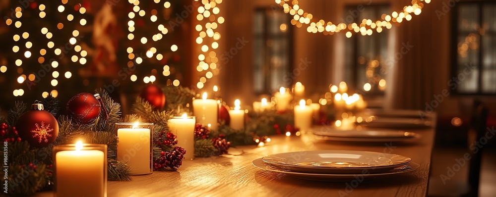 Soft glowing Christmas lights hanging above a festive dinner table, set for a holiday feast with candles and pine decor, Holiday table setting, Warm indoor lighting Soft glowing Christmas lights hanging above a festive dinner table, set for a holiday feast with candles and pine decor, Holiday table setting, Warm indoor lighting