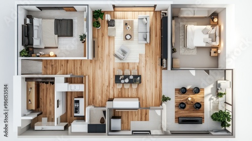 Top view of modern apartment interior design with wooden floors, furniture, and plants.