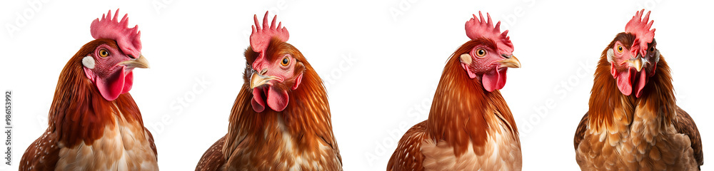 Close-up of a group of four farm chickens, isolated on transparent background Close-up of a group of four farm chickens, isolated on transparent background