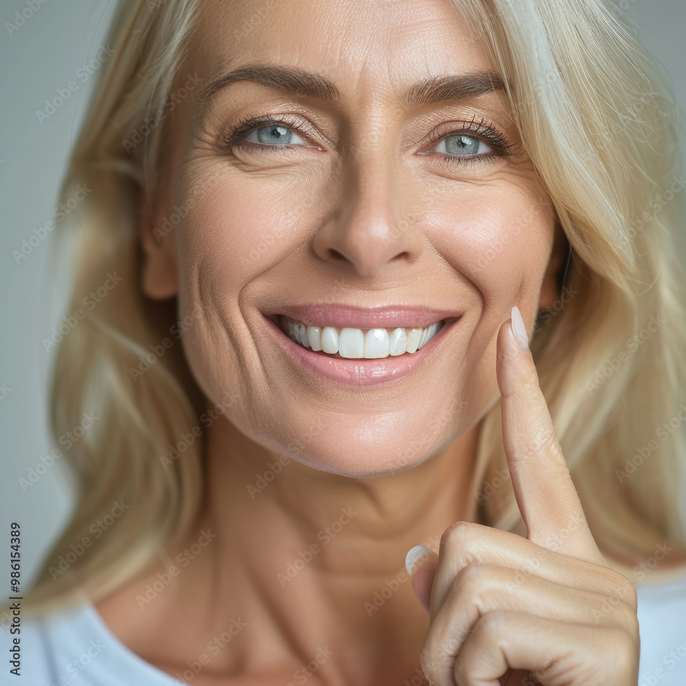 Fototapeta premium Portrait of smiling woman model posing in profile, close up of beautiful female, with healthy skin