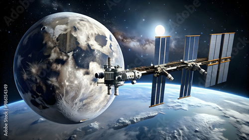 Fototapeta Naklejka Na Ścianę i Meble -  Space station orbiting a large moon in the background, space, station, orbit, moon, background, space station