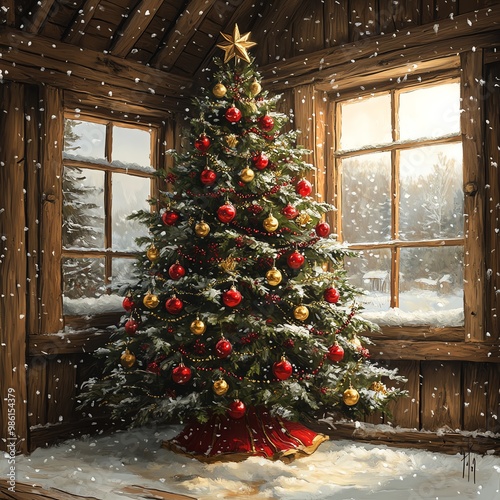 Traditional Christmas tree with red and gold ornaments, set in a cozy cabin with snow falling outside the window, warm and inviting, hyperrealistic digital painting