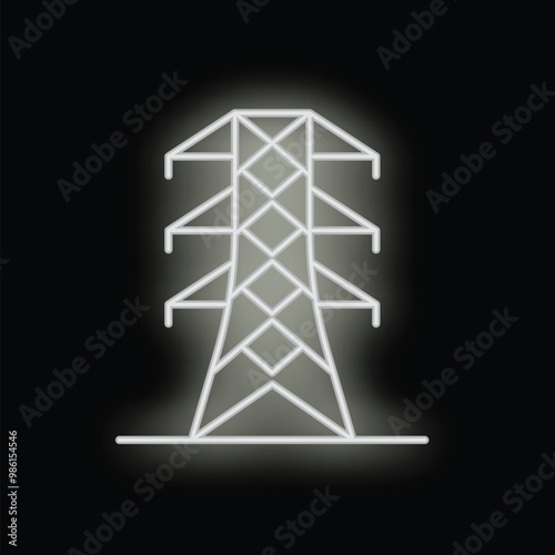 Minimalistic glowing white neon icon of high voltage electric pylon standing on black background