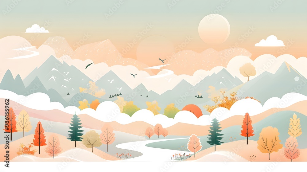 Obraz premium Calm Nature Scene with Mountains, Trees, and Clouds – Vector 