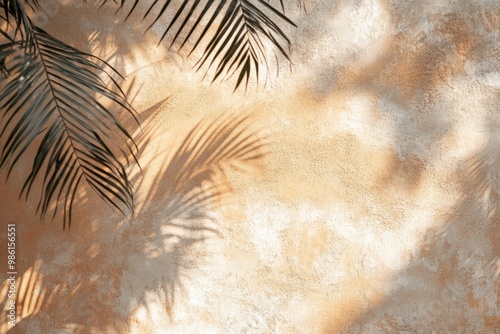 Blurred shadow from palm leaves on the light cream wall. Minimalistic beautiful summer-spring background for product presentation.. Beautiful simple AI generated image