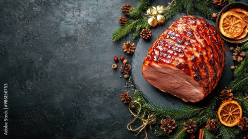 'delicious ham grey table top view space text christmas nner background baked celebration cooked copy cut dinner dish eat eve feast festive flat food fresh glazed epicure holiday homemade ingredient'