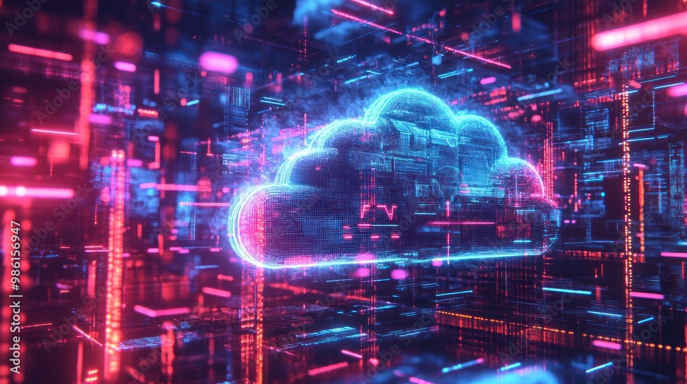 Fototapeta premium A digital cloud with a neon glow sits in a space of data and code.