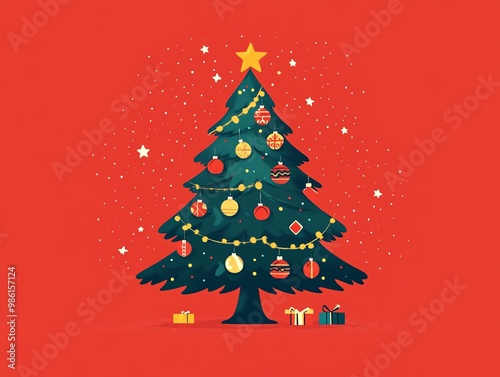 Whimsical Christmas tree with cartoonish decorations, flat design illustration