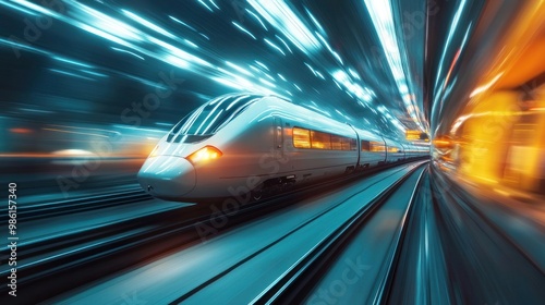 High-speed train in motion blur with bright lights.