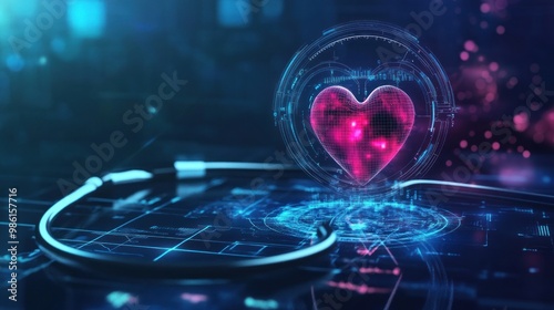 Abstract digital heart glowing over a blue futuristic background.