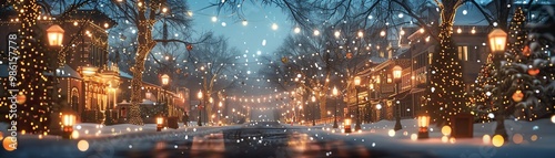 1940s classic Christmas town square, adorned with glowing string lights and lanterns, creating a festive atmosphere with snow falling lightly photo