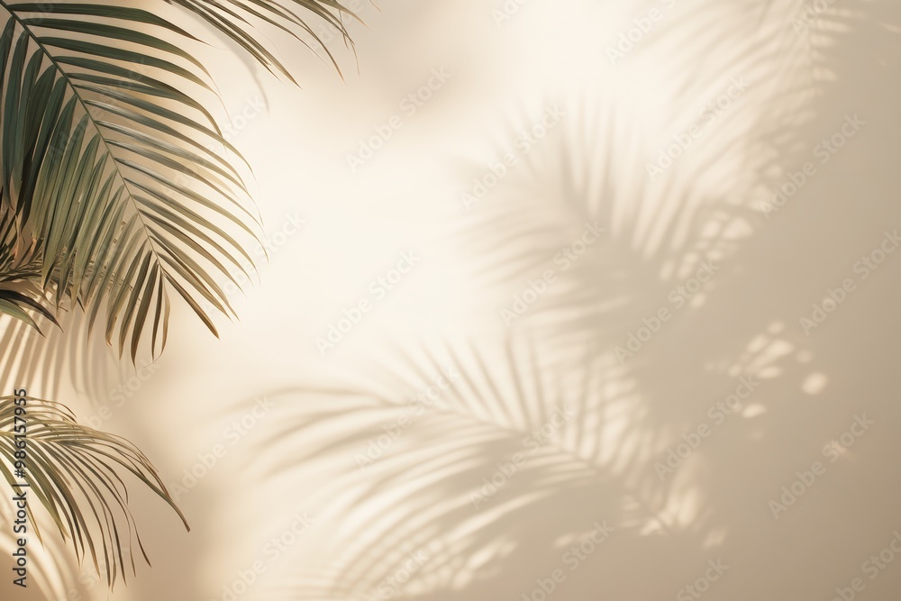 Neutral-colored background with shadows from palm fronds, nature, tropical, backdrop, sunlight, serene, peaceful, shadow. Beautiful simple AI generated image Neutral-colored background with shadows from palm fronds, nature, tropical, backdrop, sunlight, serene, peaceful, shadow. Beautiful simple AI generated image
