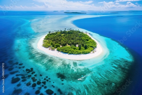 A breathtaking aerial view of a Maldives island, showcasing its pristine white sand beaches, vibrant turquoise lagoon, and lush green vegetation