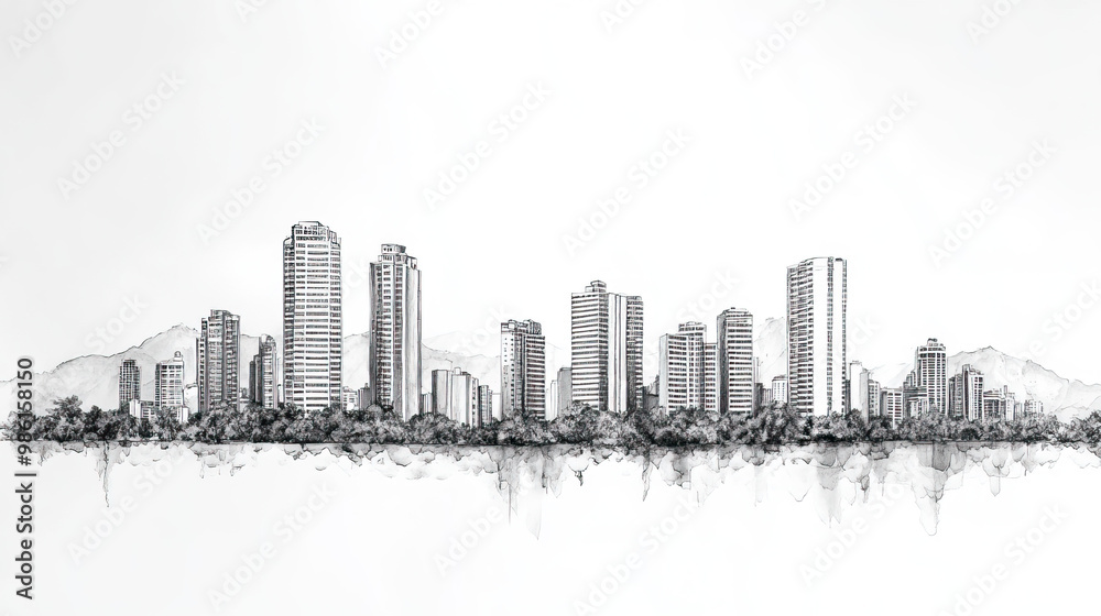 Obraz premium Bucaramanga, Colombia, black and white pen pencil hand-drawn effect drawing illustration for travel poster, card, wallpaper, backdrop or banner. Modern, clear, artistic and simple