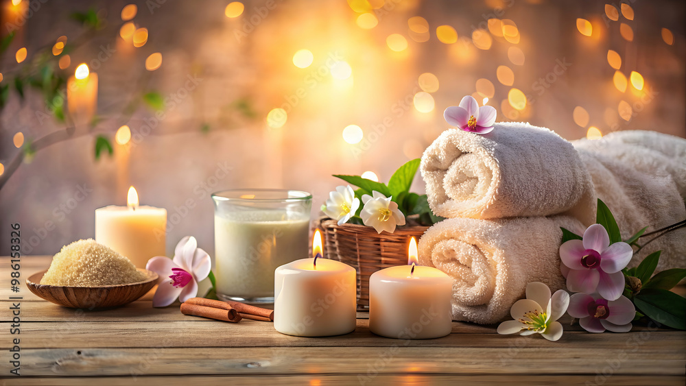 Tranquil spa still life with soft lighting, towels, candles, flowers, and bath products, relaxation, wellness Tranquil spa still life with soft lighting, towels, candles, flowers, and bath products, relaxation, wellness
