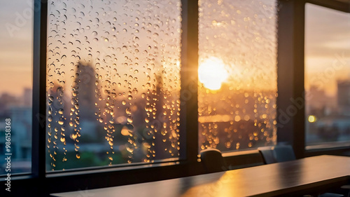 Blurred bokeh of a sunrise breaking through the window of a tech startup office