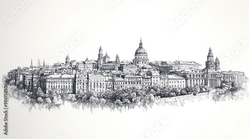 Bucharest, Romania, black and white pen pencil hand-drawn effect drawing illustration for travel poster, card, wallpaper, backdrop or banner. Modern, clear, artistic and simple