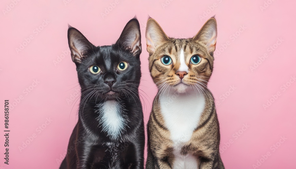 Cat and Dog Posed Together on Pink Background