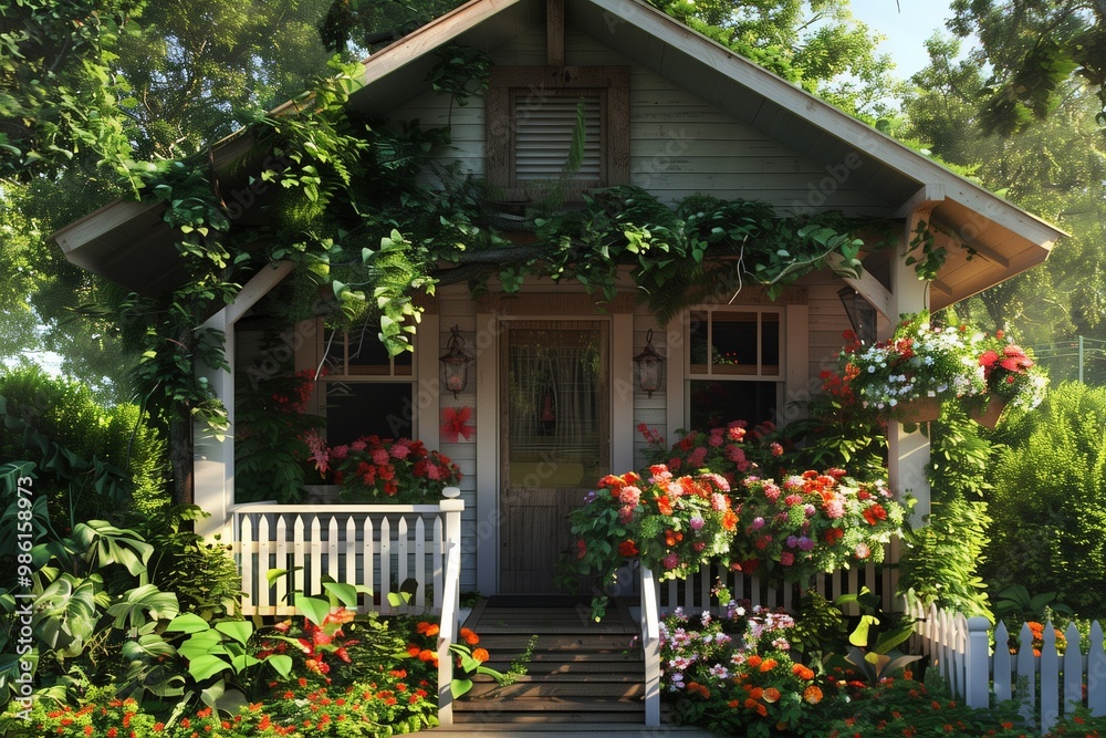 Obraz premium A charming small house with a cozy front porch, adorned with colorful flowers and a white picket fence. The house is surrounded by lush greenery and bathed in warm sunlight.