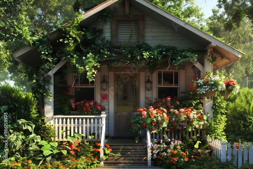 A charming small house with a cozy front porch, adorned with colorful flowers and a white picket fence. The house is surrounded by lush greenery and bathed in warm sunlight.