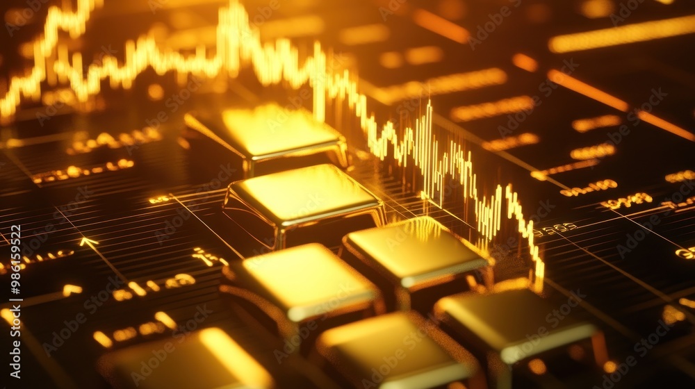 Golden bars with a yellow stock market chart in the background.