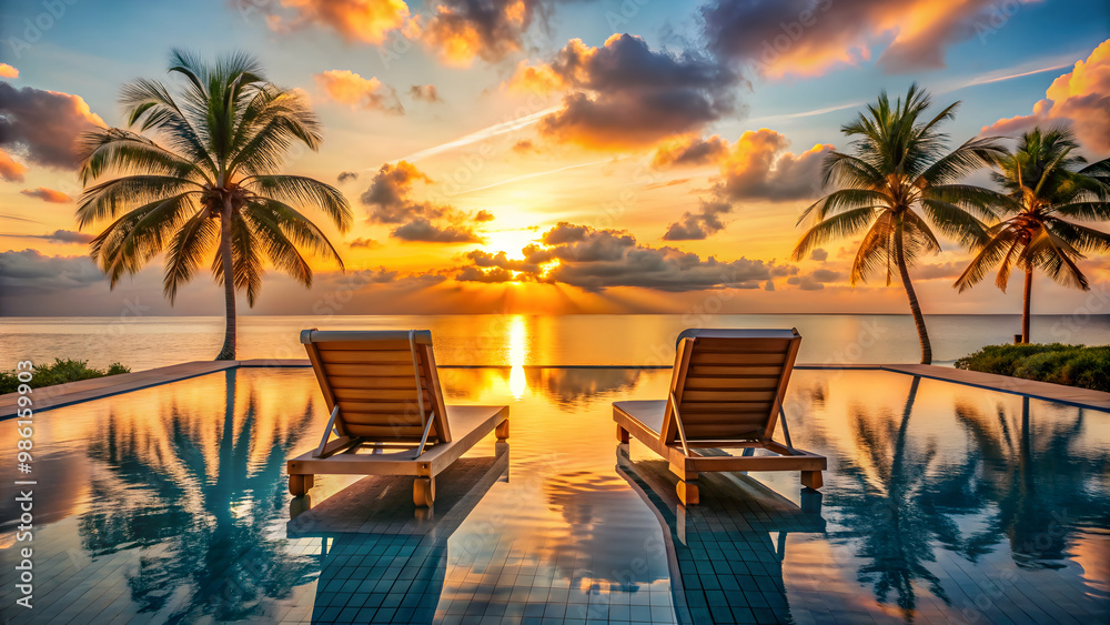 Obraz premium Two deck chairs by the pool at sunset at a luxury beach hotel on a tropical island, luxury, beach, hotel, tropical, island