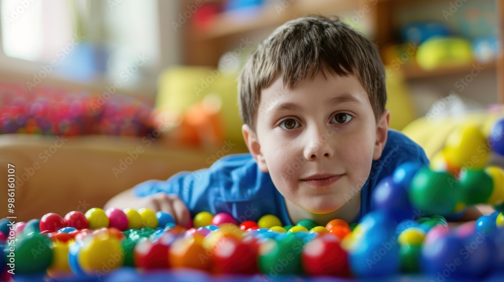 An autistic child playing with a favorite toy, feeling comfortable An autistic child playing with a favorite toy, feeling comfortable
