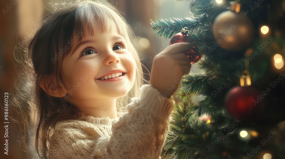 Smiling little girl is excited as she decorates the Christmas tree. Generative AI Smiling little girl is excited as she decorates the Christmas tree. Generative AI