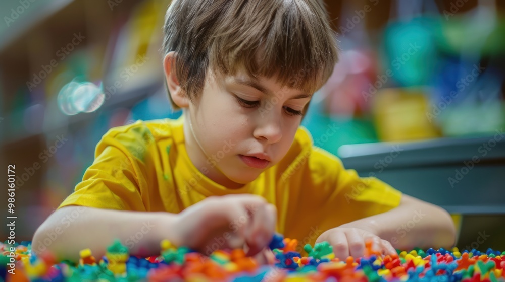 An autistic child focusing on a sensory activity, feeling calm An autistic child focusing on a sensory activity, feeling calm