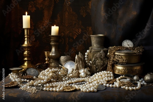 A classic still life arrangement featuring a pile of gold and silver coins alongside other precious objects, such as a jeweled crown and an ornate candlestick