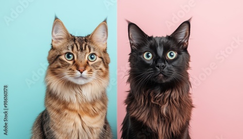 Cats Sitting Side by Side on Colorful Background