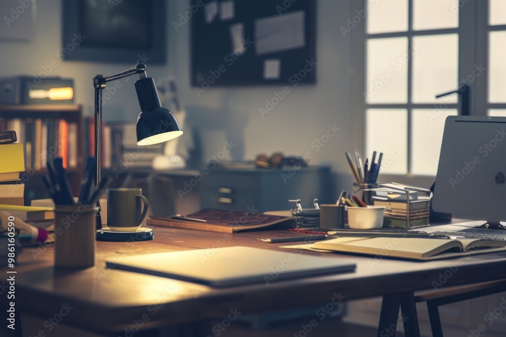 Cozy home office desk with a lamp, books, and stationery in a dimly lit room. Work from home and productivity concept. Cozy home office desk with a lamp, books, and stationery in a dimly lit room. Work from home and productivity concept.