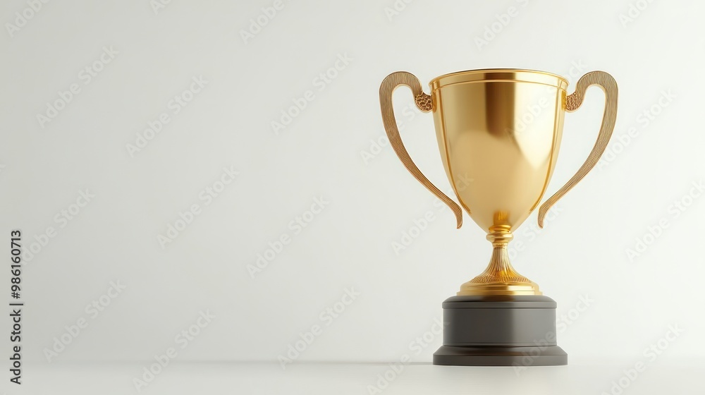 A golden trophy with two handles and a black base sits on a white background. A golden trophy with two handles and a black base sits on a white background.