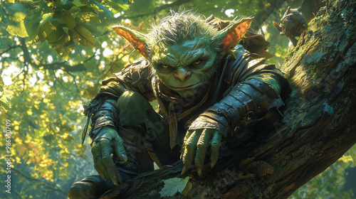 cunning goblin scout perched stealthily on a thick tree branch, hiding among the dense forest foliage, alert and observant photo