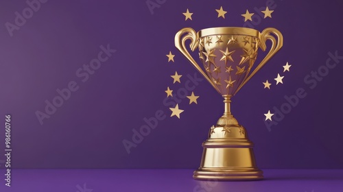 Golden trophy cup with stars on purple background.