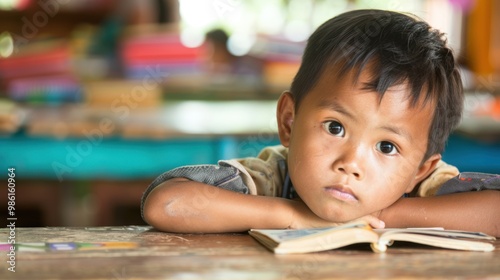 A Laotian child studying in a classroom, eager to learn