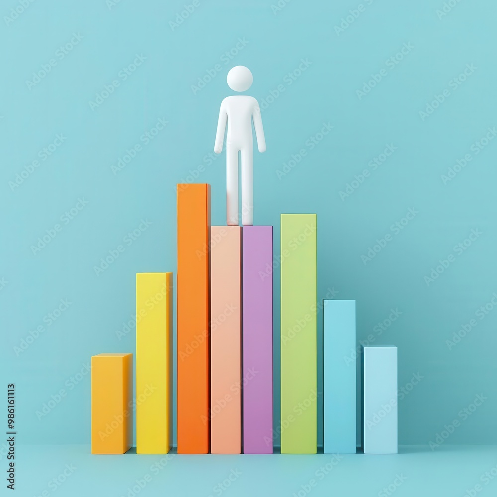 A creative representation of success, depicting a figure standing atop colorful bars, symbolizing growth and achievement. A creative representation of success, depicting a figure standing atop colorful bars, symbolizing growth and achievement.